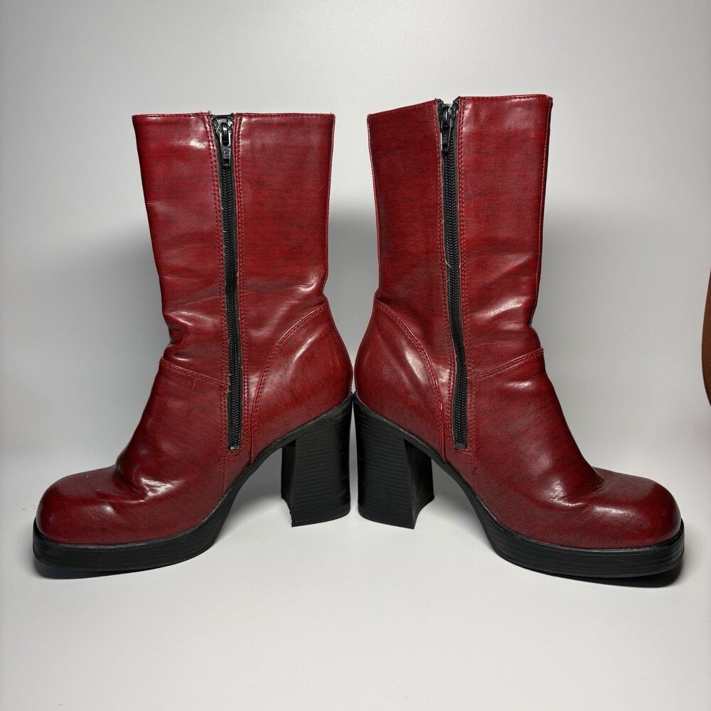 Vtg No Boundaries 00’s Y2K Red Boots 8.5 Square Toe Chunky Heel Retro Brat - Picture 3 of 9
